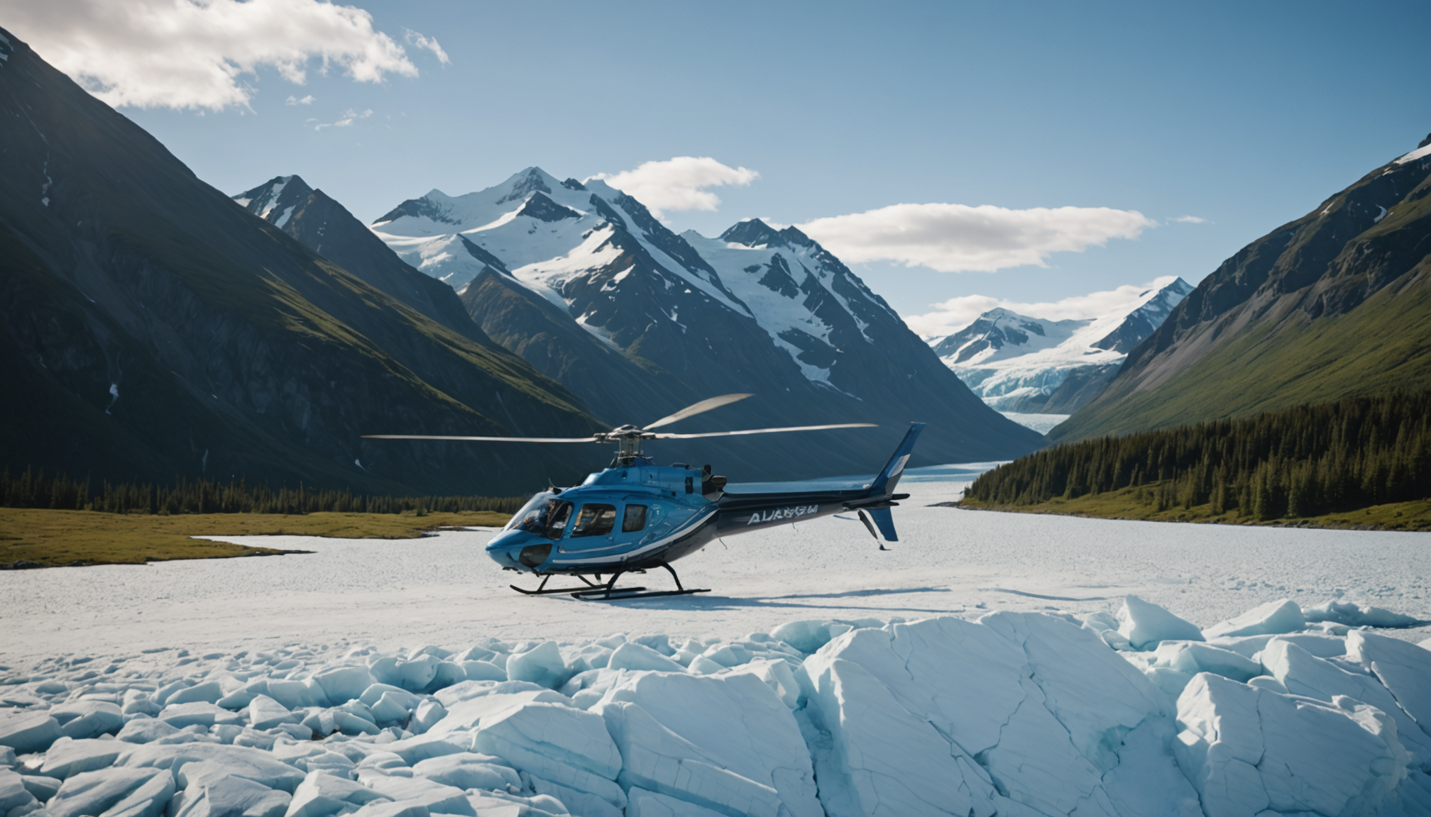 Helicopter landing near a remote Alaskan lake