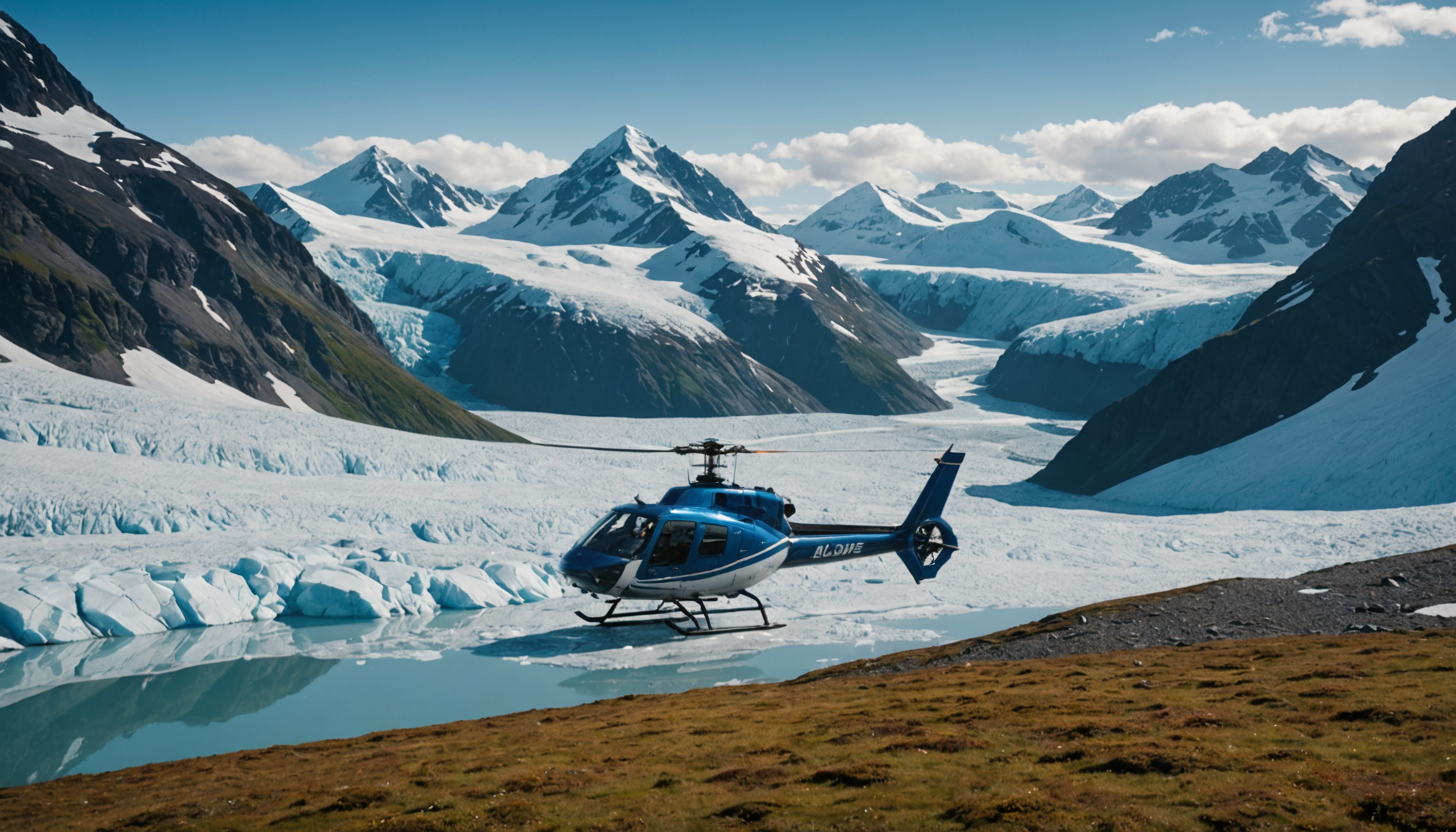 Helicopter landing on a remote glacier in Alaska