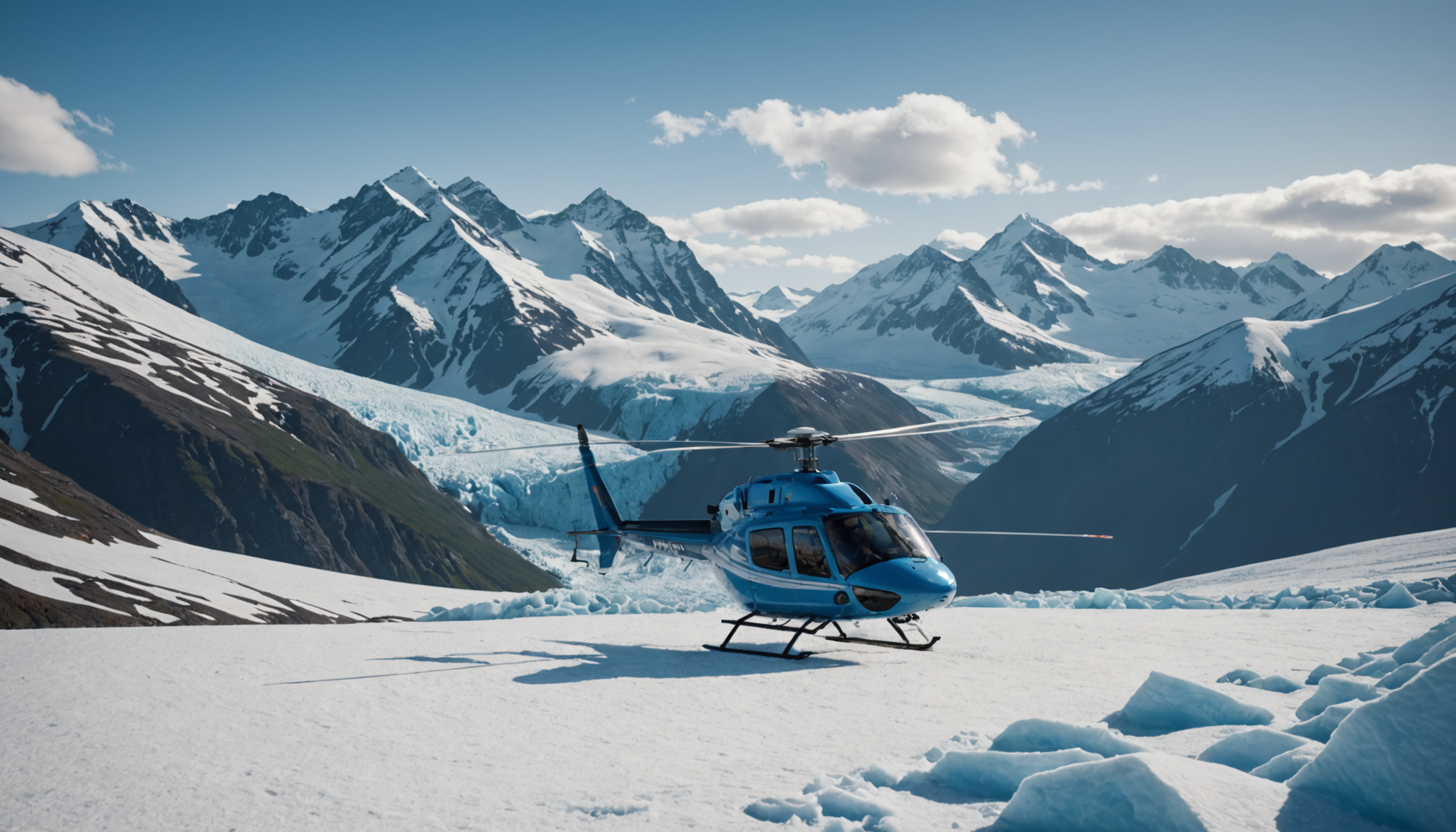 Helicopter landing on a snowy peak in the Chugach Mountains
