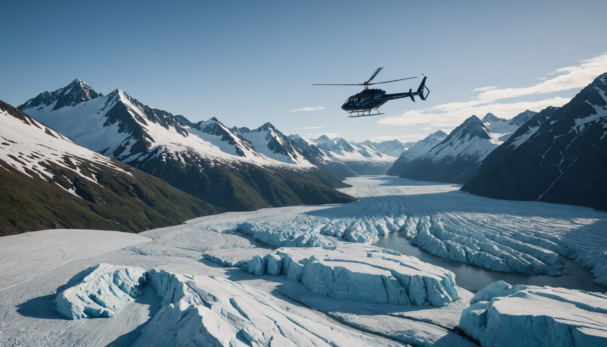 Helicopter flying over the Chugach Mountains