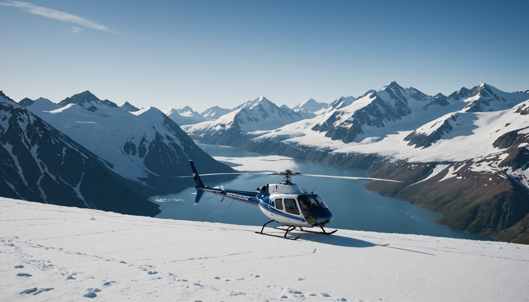 Helicopter landing on a snow-capped peak in the Chugach Mountains